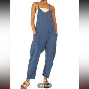 Relaxed Fit Blue Jumpsuit with Pockets Women S
